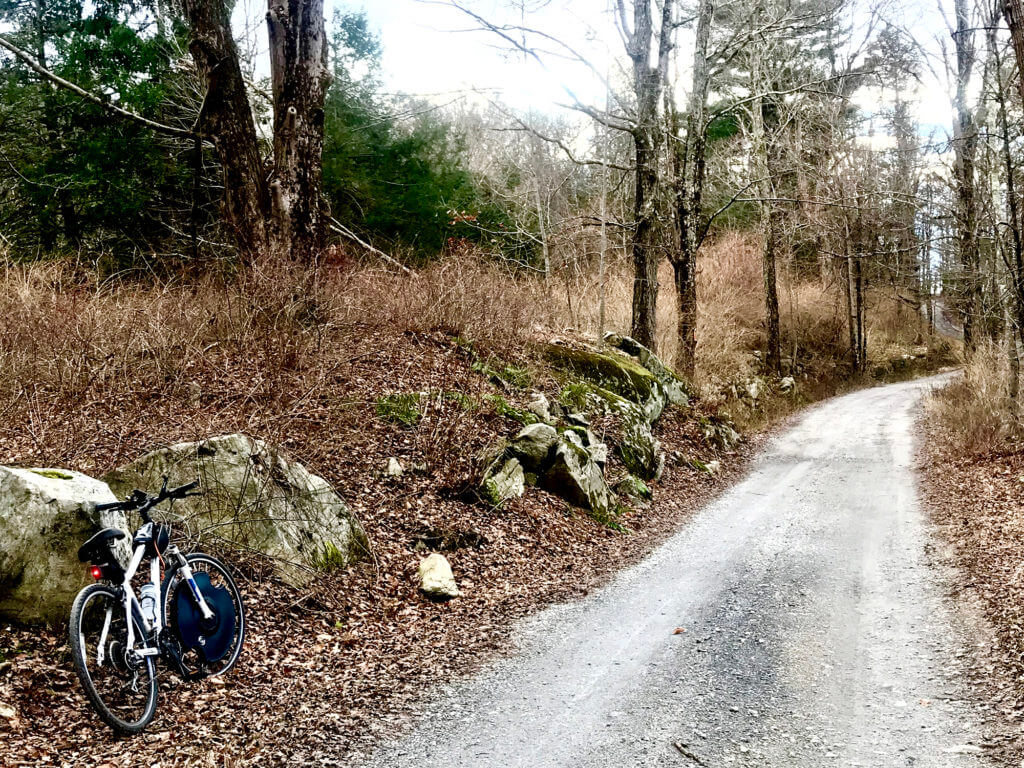 An electric bike with a pedal assist wheel leans against a stone wall in december under leafless trees