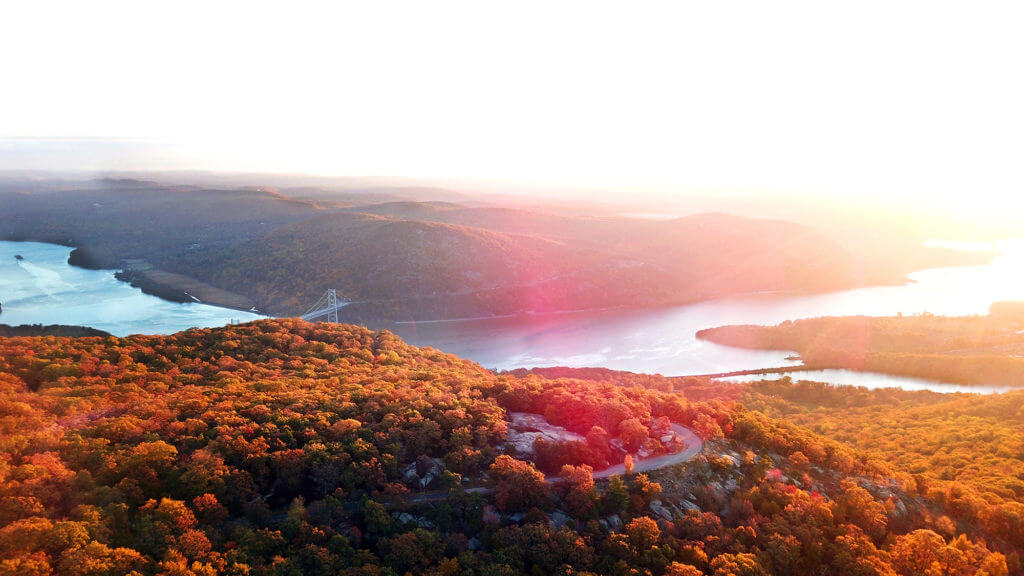 A sunrise view of the Hudson River and valley in autumn