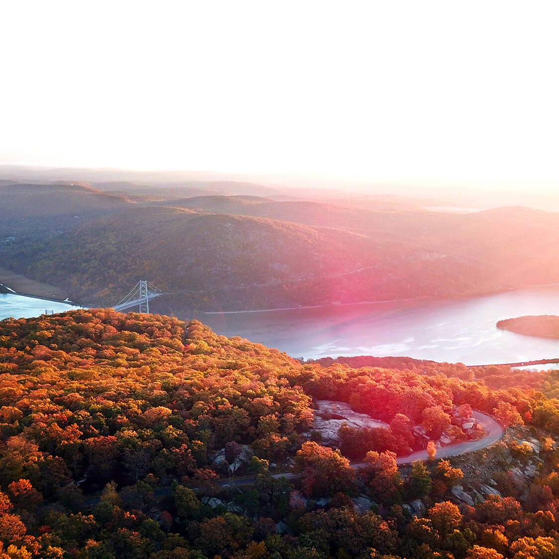 A sunrise view of the Hudson River and valley in autumn