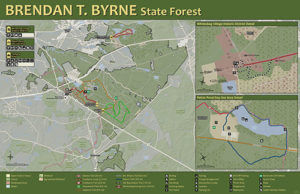 a map in green and brown of a state forest trails