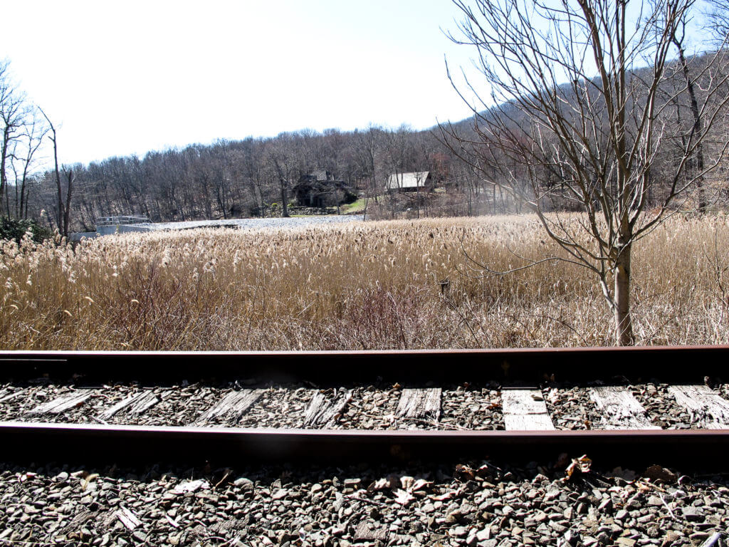 a railroad track with whaley lake in the background